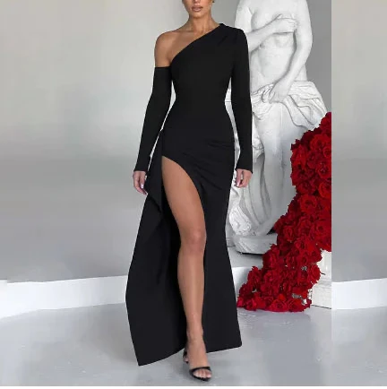 Knitted One-Shoulder Long Sleeve Split Dress for Women