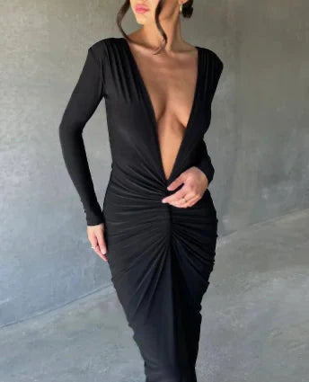 V-neck Slim Fit Pleated Long Sleeve Dress