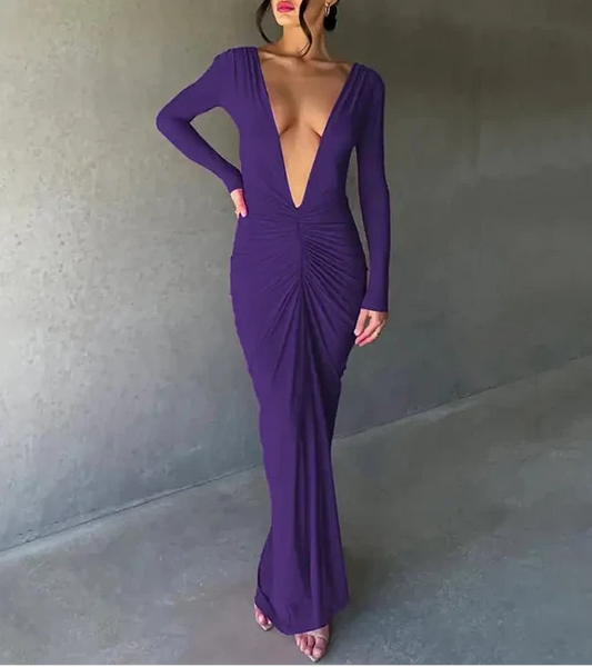 V-neck Slim Fit Pleated Long Sleeve Dress