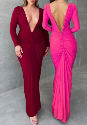 V-neck Slim Fit Pleated Long Sleeve Dress