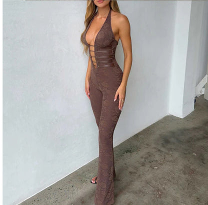 Slim-Fit Jumpsuit with See-Through Lace
