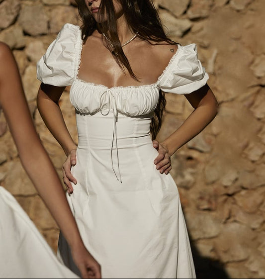 Slim Fit Square Collar Puff Sleeve Lace Dress for Women