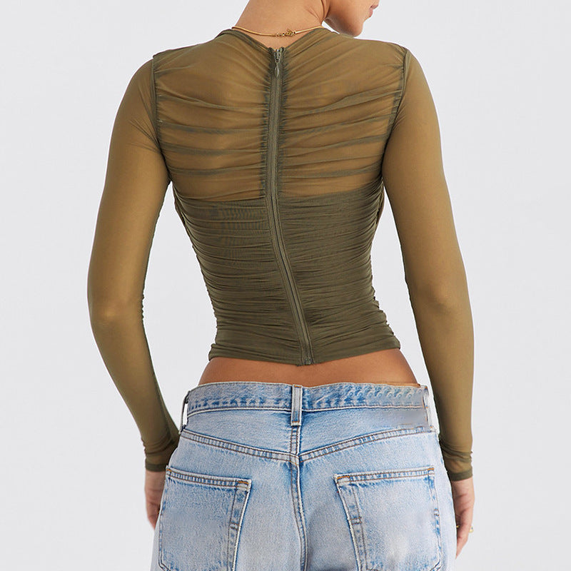 Fashionable Sheer Mesh Zip Crop Top