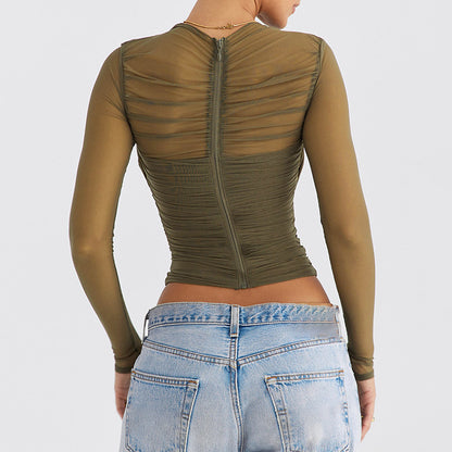 Fashionable Sheer Mesh Zip Crop Top