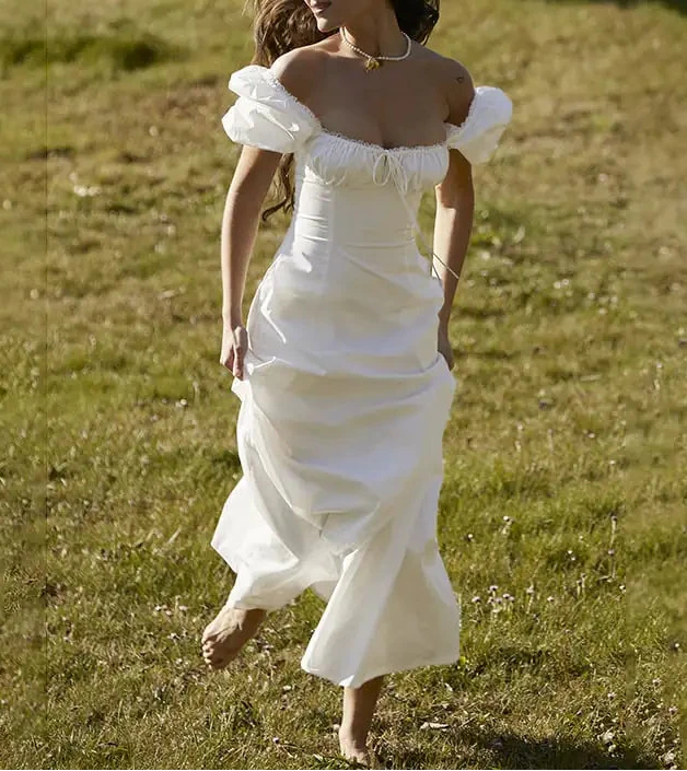 Slim Fit Square Collar Puff Sleeve Lace Dress for Women