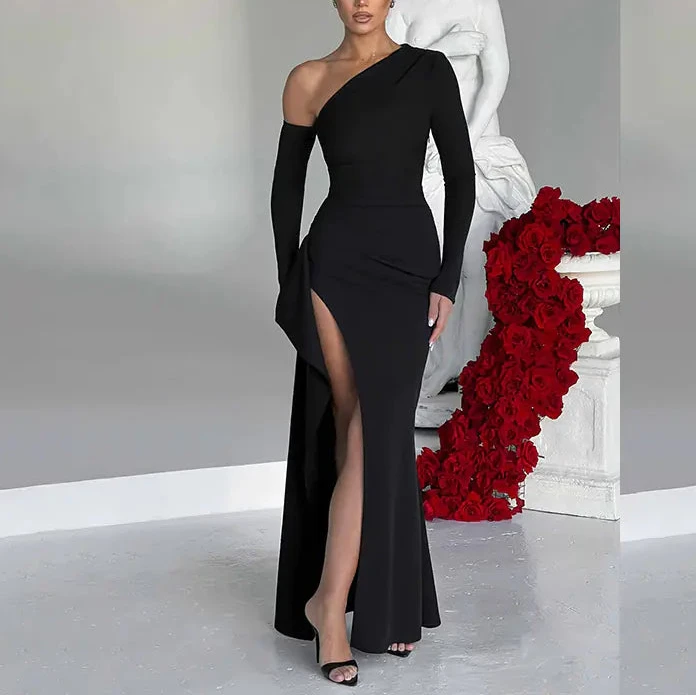 Knitted One-Shoulder Long Sleeve Split Dress for Women