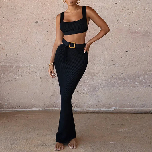 Casual Two-Piece Dress with Belted Skirt Set