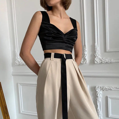 Summer Women's V-Neck Ruched Crop Top with Straps