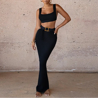 Casual Two-Piece Dress with Belted Skirt Set