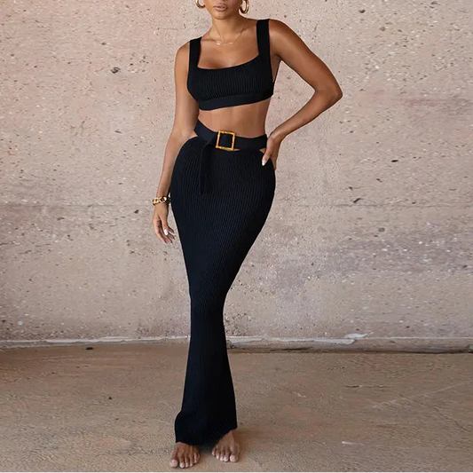 Casual Two-Piece Dress with Belted Skirt Set