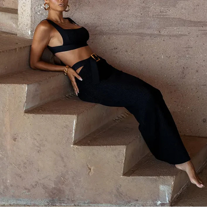 Casual Two-Piece Dress with Belted Skirt Set