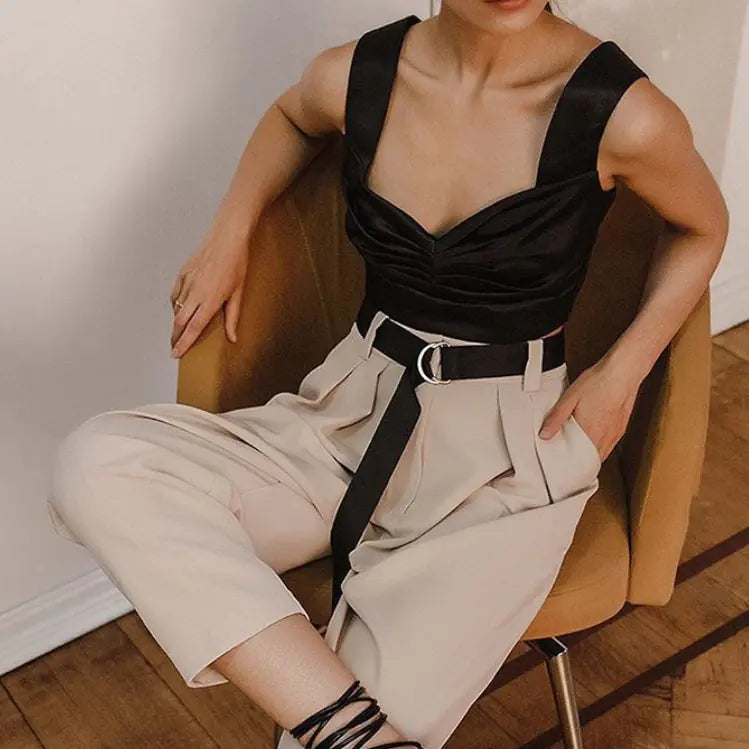 Summer Women's V-Neck Ruched Crop Top with Straps
