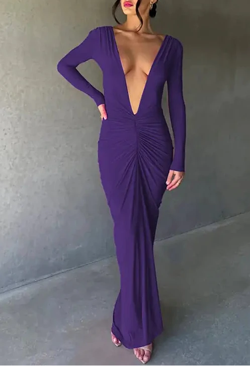 V-neck Slim Fit Pleated Long Sleeve Dress