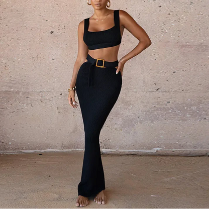 Casual Two-Piece Dress with Belted Skirt Set