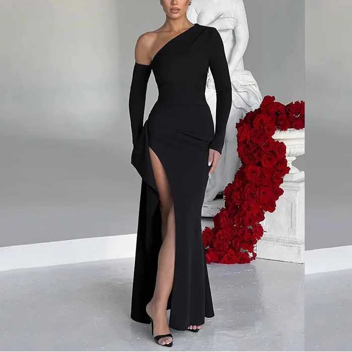 Knitted One-Shoulder Long Sleeve Split Dress for Women