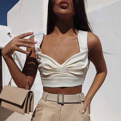 Summer Women's V-Neck Ruched Crop Top with Straps