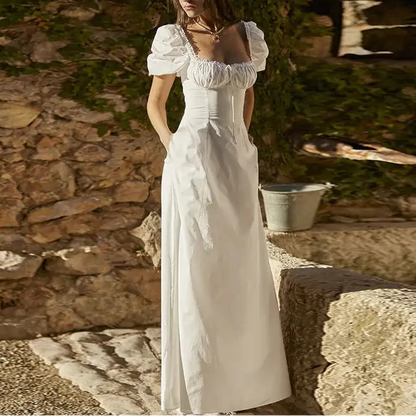 Slim Fit Square Collar Puff Sleeve Lace Dress for Women